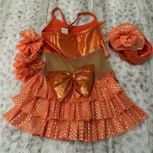 Orange Dance Costume with Metallic Top and Tiered Skirt with shorts